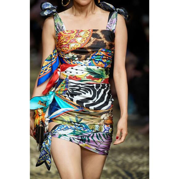 NWT DOLCE & GABBANA Runway Knotted Print Silk Twill scarf dress Multicolor 42 M - Picture 1 of 13